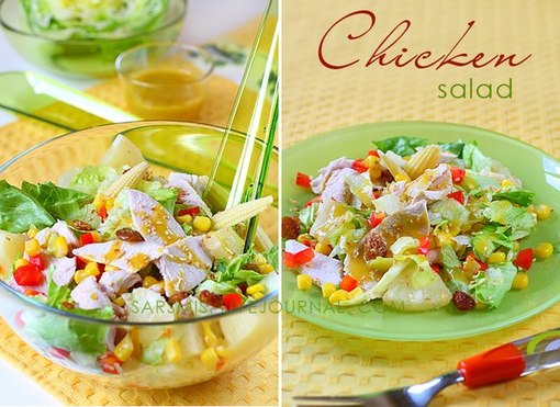 Куриный салат с овощами, изюмом и ананасами
